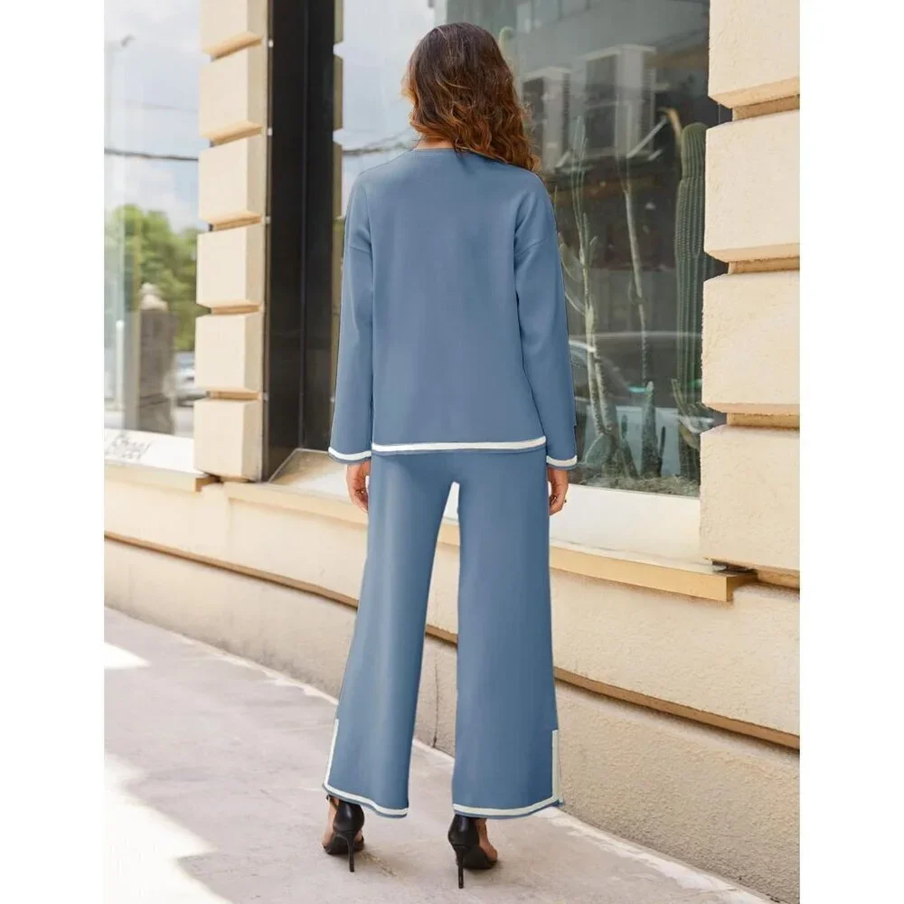 Women's Blue Long Sleeve Knit Sweater Top & Wide Leg Pants Lounge Set